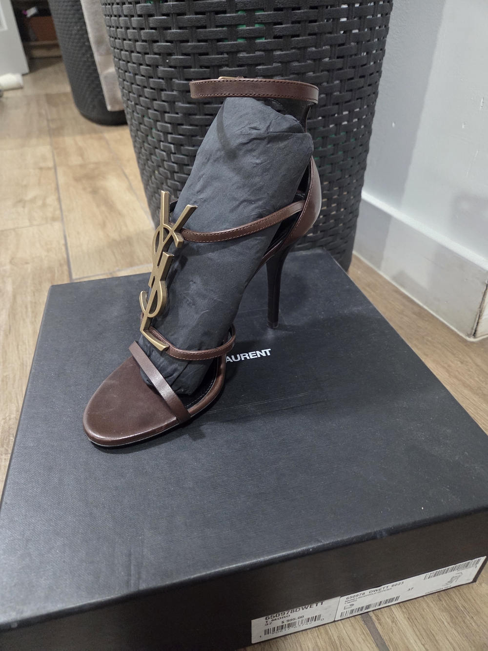Saint Laurent Brown Leather YSL Logo Ankle-Strap Sandals